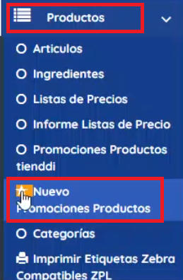 Menú izquierdo botones de productos y promociones