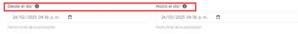 Campos con fechas de la promoción