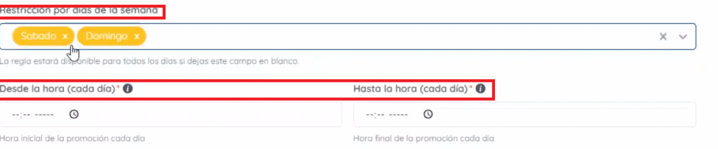 Campos para elegir días de la semana y horas 