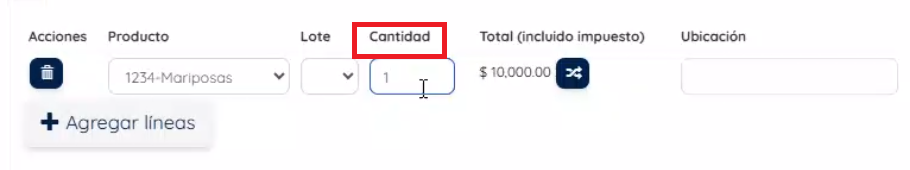 Campos para indicar el valor y cantidad 
