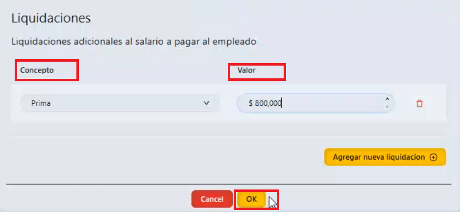 Campos a diligenciar para ingresar la prima