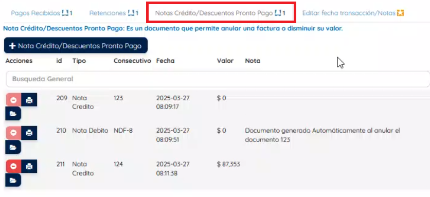 Imagen donde se ve las notas crédito 