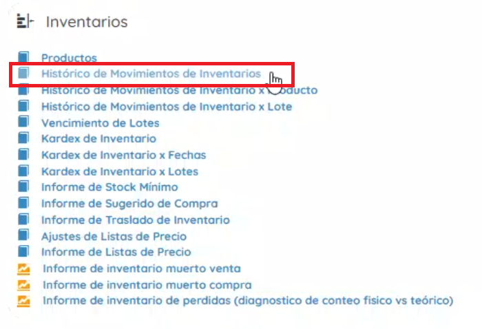 Sección inventarios, histórico de movimiento de inventarios 
