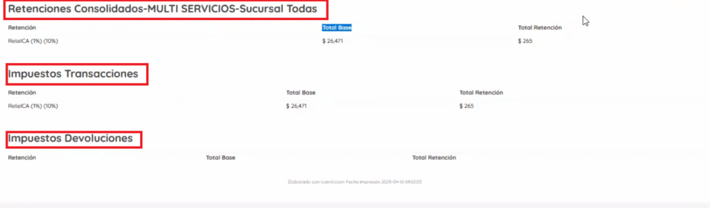 Informe con detalle de impuestos y retenciones 