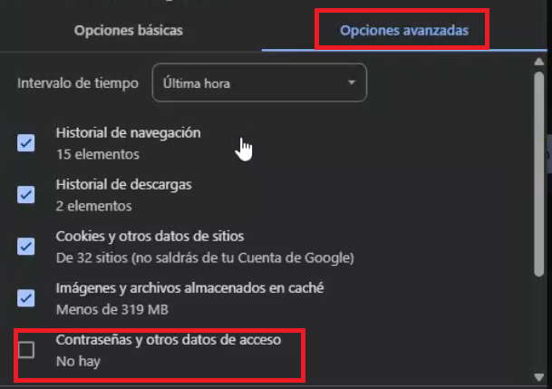 Ventana de opciones avanzadas 