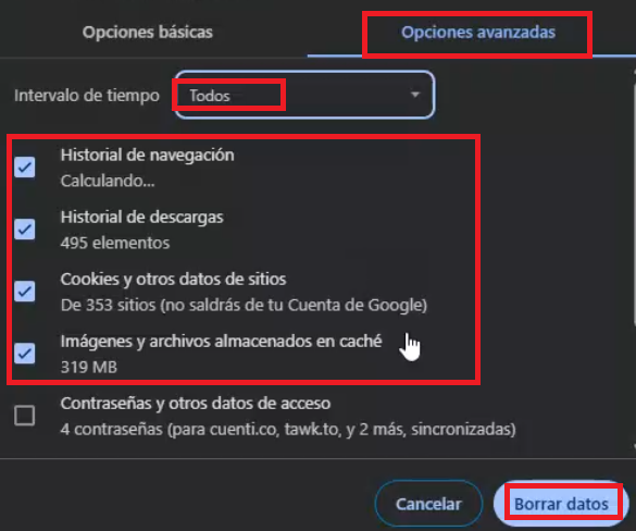 Ventana de opciones avanzadas con las opciones que se deben seleccionar 