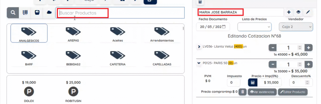 Campo para buscar cliente y productos 