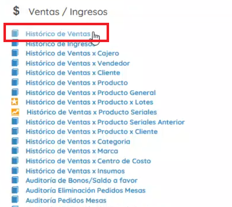 Menú de histórico de ventas