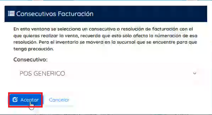 Ventana para seleccionar el consecutivo
