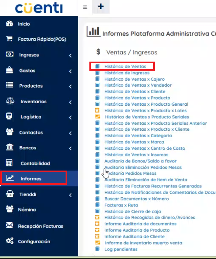 Menú izquierdo informes, sección ventas ingresos 