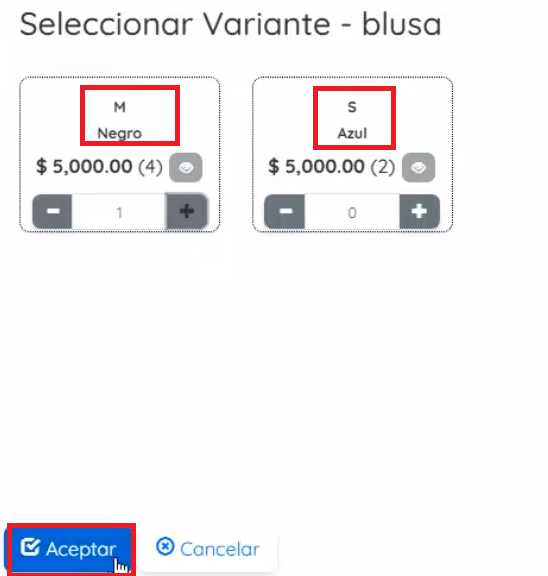 Imagen donde se ven productos y se aceptan las cantidades 