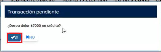 Ventana de confirmación de la venta