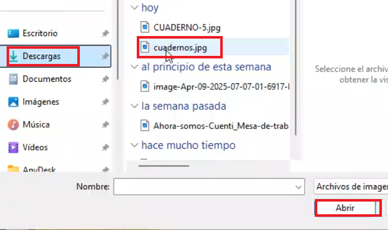 Imagen de como se debe selccionar la imagen a subir 