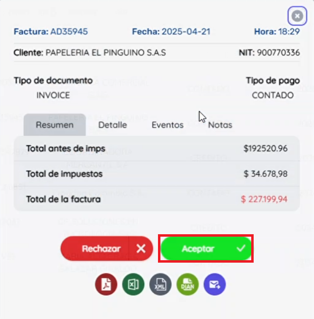 Ventana donde se puede aprobar y aceptar