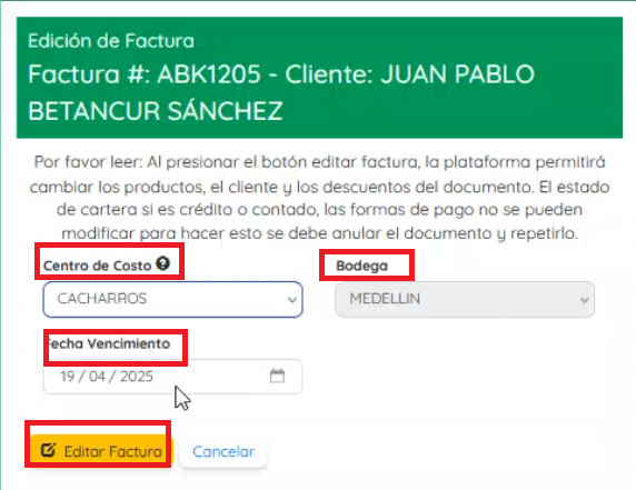 Campos a diligenciar y botón de editar factura 