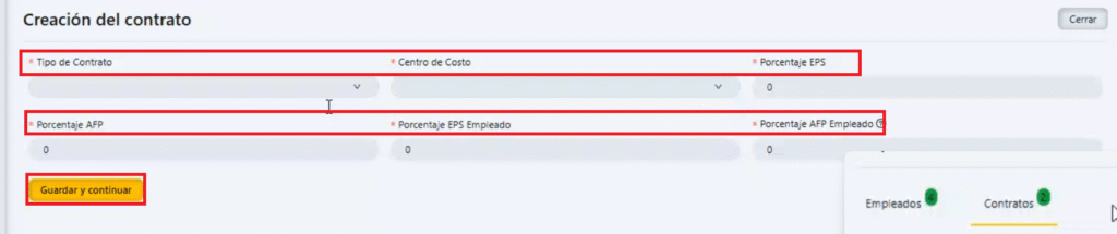 Campos a diligenciar de crear contrato 