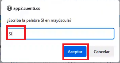 Campo para escribir que sí confirma y aceptar 