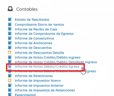 Sección informes notas débito
