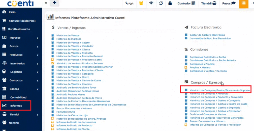 Menú izquierdo informes, seccióm compras / egresos