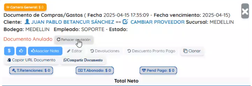 Botón rehacer anulación