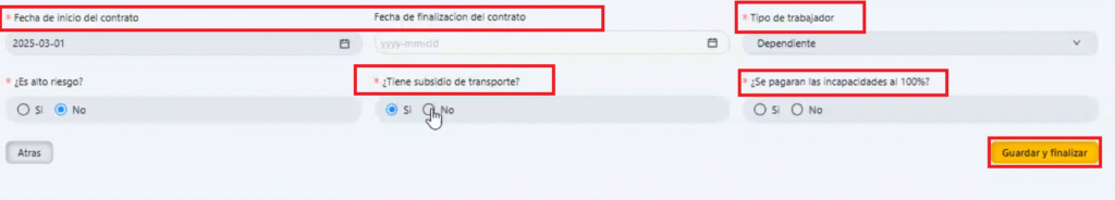 Campos a diligenciar 