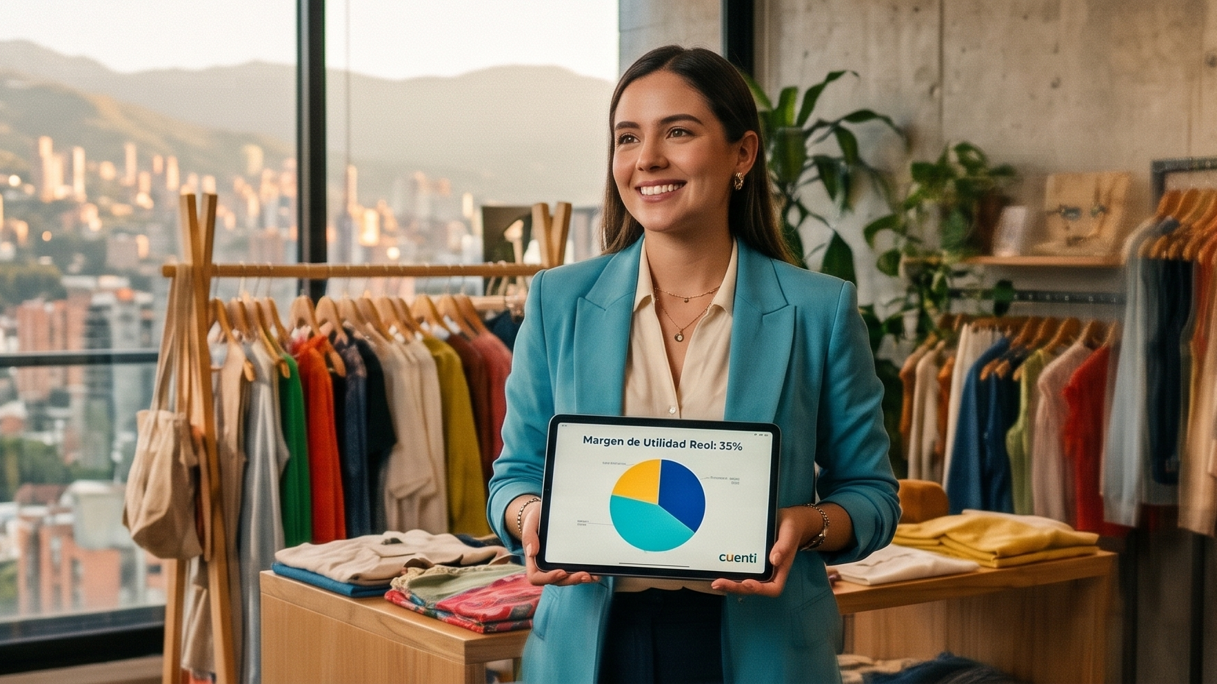 Cómo calcular el precio de un producto: Mujer parada sosteniendo una tabla que muestra gráfico