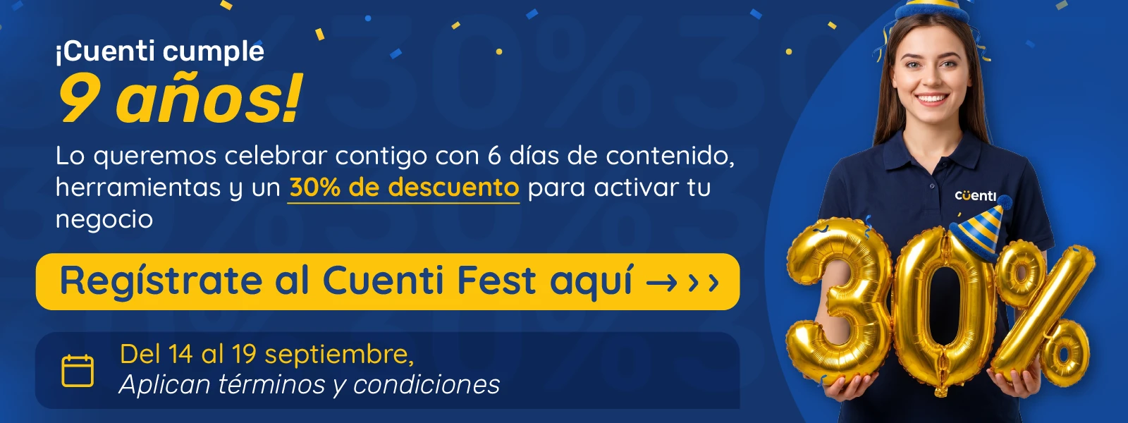banner con información sobre el cuenti fest y nuestro descuento del 30% en Cuenti